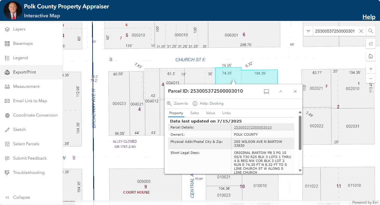 Image of map with parcel info window undocked