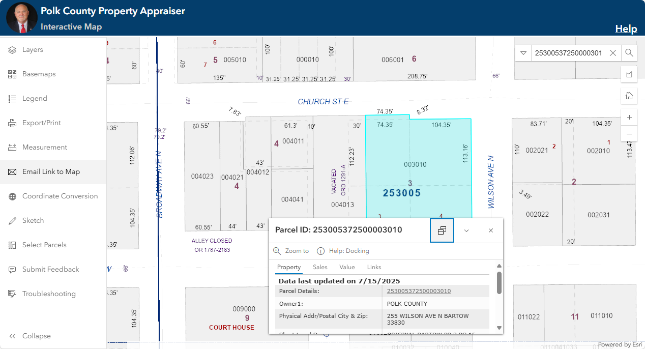 Image of map with parcel info window docked
