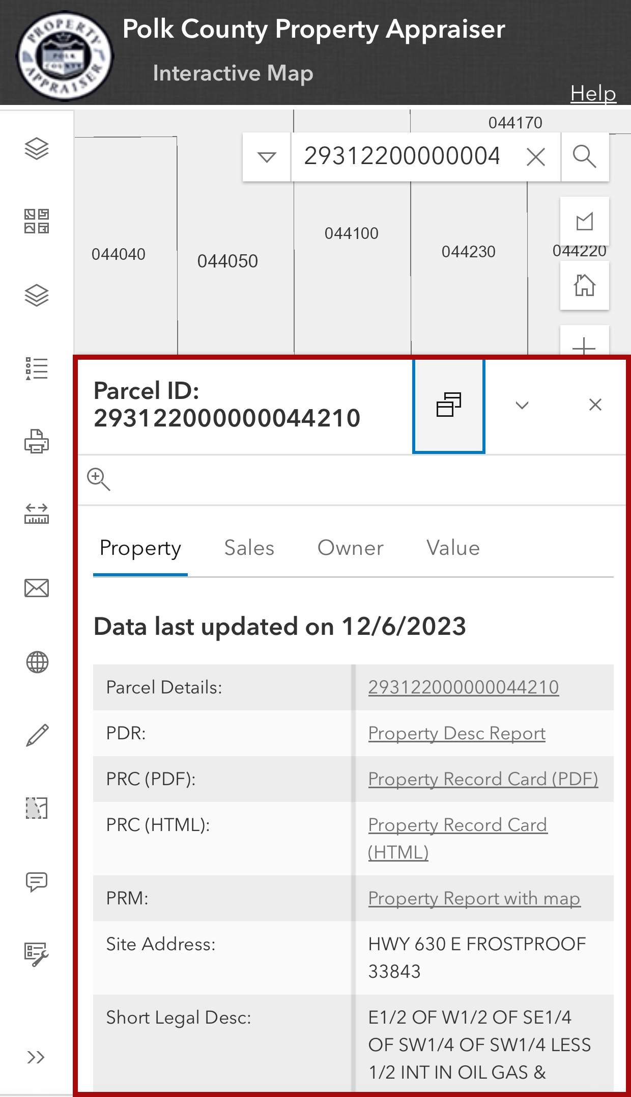 Mobile Version with parcel information docked and uncollapsed