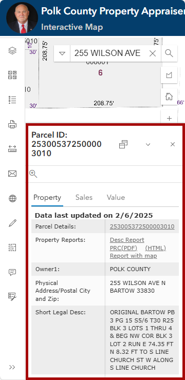 Mobile Version with parcel information docked and uncollapsed