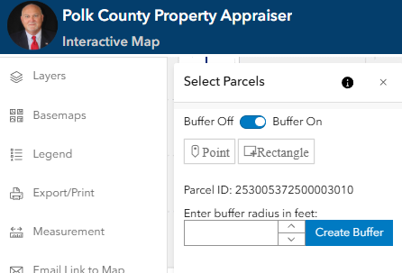 image of buffer radius and create buffer buttons